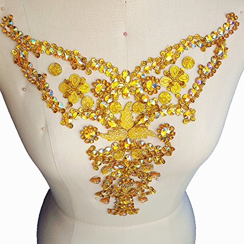 Rhinestone Crystal Trim Bridal Applique Beaded Sequin Sew On Neckline Design Patch Sewing for Wedding Collar Dresses DIY Decoration 28x30cm (Yellow)