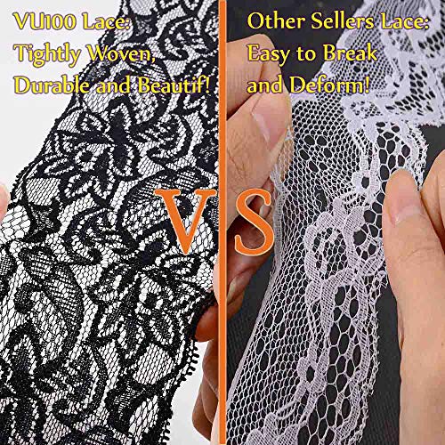 VU100 Black lace Pattern Elastic Embroidery Stitching Process for DIY Bridal Wedding Fabric Decoration Halloween Christmas Gift Wrapping (3 Inches, 6 Yards)