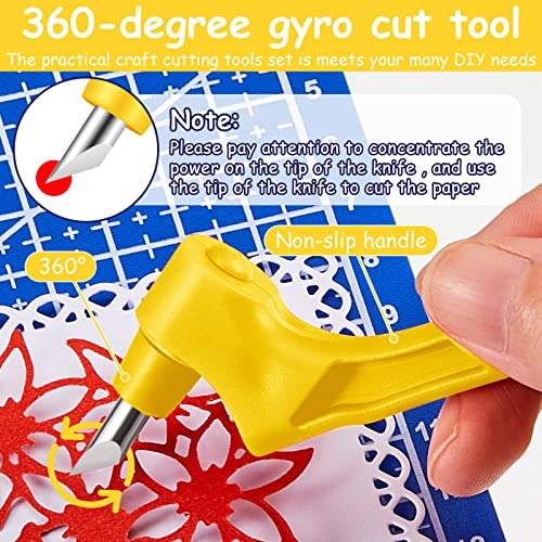 360 Rotating Craft Cutting Tools Set,3 Pieces Specialty Cutting Tools with 9 Pieces 360-Degree Rotating Carbon Steel Replacement Blade and Cutting Mat for DIY Craft (Red, Yellow, White)