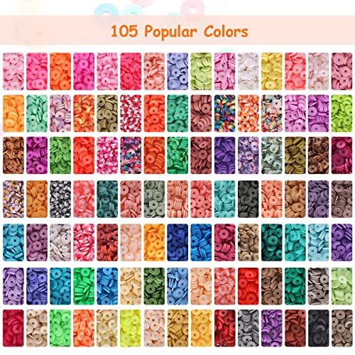 QUEFE 12600pcs, 105 Colors, Clay Beads for Bracelets Making Kit, Polymer Heishi Flat Beads with 260pcs Letter Beads for DIY Jewelry Marking Bracelets Necklace, 6mm, Crafts Gifts