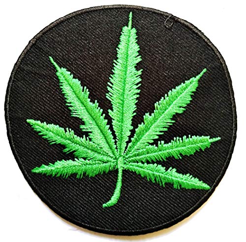 Black Circle Green Cannabis Marijuana Leaf Iron Sew On Embroidered Applique for Clothes Backpacks T-Shirt Jeans Skirt Vests Scarf Hat Bag Patch Cartoon Sticker Embroidery