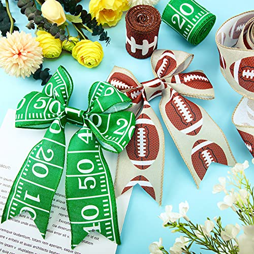 3 Rolls Football Wired Edge Ribbon 2.5 Inch x 6.6 Yard Sport Wired Ribbon Grosgrain Sports Fabric Ribbon Football Field Pattern Wired Ribbon for Wrapping and Hanging on Theme Party, 19.8 Yards Totally