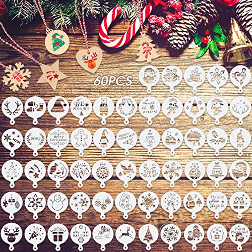 60 Pcs 2022 Thanksgiving Christmas Stencils Ornament Stencils Plastic DIY Painting Craft Stencils for Painting on Wood, Coffee Stencils, Cake Stencil for DIY Art Supplies Decor (Snowman Style)