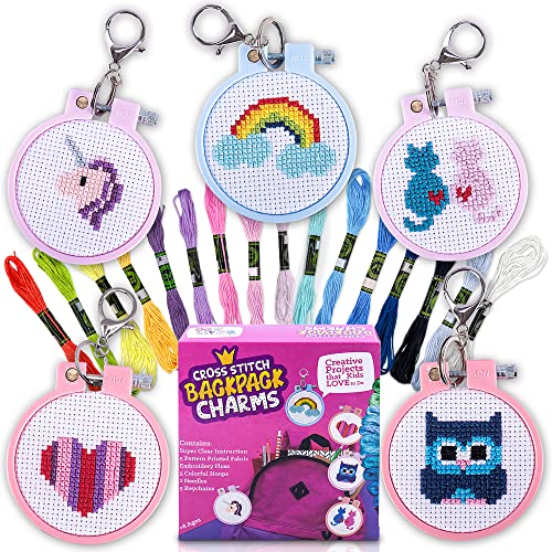 Cross Stitch Kits for Beginners. 5 Stamped Cross Stitch Kits for Kids.Needlepoint Kits for Beginners. Embroidery Kit for Kids. Crossstitch Kit for Beginners. Girls Cross Stitch kit Backpack Charms