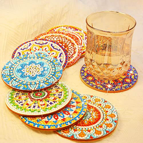 Praise V Do 8Pcs Diamond Painting Coasters Kit with Holder, DIY Mandala Coasters Diamond Painting Kits for Beginners, Adults & Kids DIY Diamond Art Craft Supplies