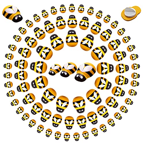 180Pcs Benvo 3 Sizes Tiny Wooden Bees Embellishments Self-Adhesive Bumblebee Decorations Painted Flat-Back Wooden Craft Bees for Baby Shower DIY Projects Party Craft Scrapbooking(0.75, 0.6, 0.48Inch)