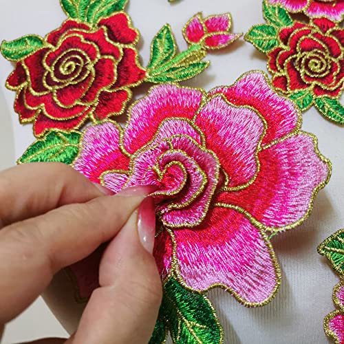 1 Set Lotus Flower Embroidery Applique Patches Sew on Pacthes Lace Fabric Motif Clothes Decorated DIY Sewing Supplies (Gold Thread Pink / red)