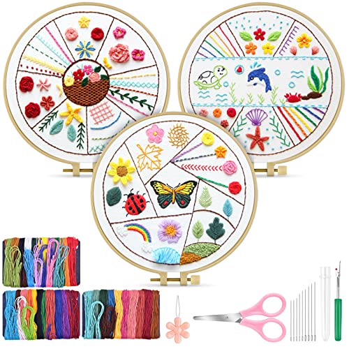 TINDTOP Beginners Embroidery Stitch Practice kit, 3 Sets Animal Embroidery Kit for Beginners Include Embroidery Cloth Hoops Threads for Craft Lover Hand Stitch with Embroidery Skill Techniques