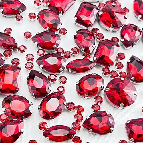 Towenm 160PCS Sew On Glass Rhinestone, Flatback Sewing Claw Crystal Rhinestones for Crafts, Costume, Clothes, Jewelry Making (Red/Siam, Mixed Shapes)