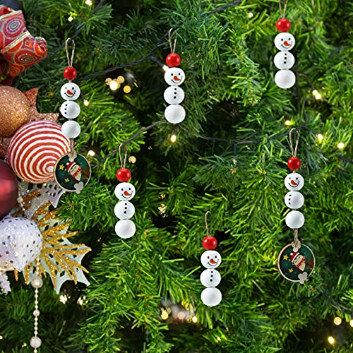 Christmas Snowman Wooden Beads Rustic Farmhouse Beads Polished 160 Pieces Christmas Wooden Beads Wooden Craft Beads with 32.8 Feet Rope Craft Supplies for DIY Craft Decoration (Red and White)