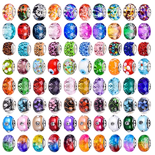 120 Pieces Assorted European Craft Beads Large Hole Lampwork Spacer Beads Colorful European Beads for DIY Necklace Bracelet Jewelry Making (Bauhinia)