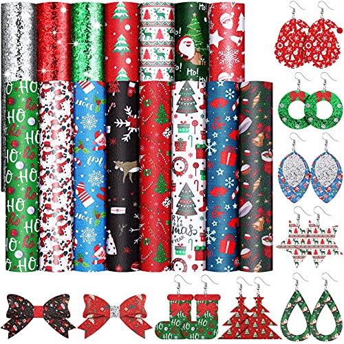 15 Pieces Christmas Leather Sheets Glitter Synthetic Leather Fabric Snowman Printed Fabric Sheets Waterproof Christmas Sheets for Holiday Christmas Bows Earrings Making Supplies (Classic Style)
