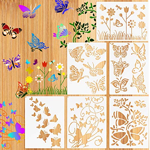 6 Pieces Butterfly Painting Stencils Dandelion Flowers Stencil Butterfly Reusable Mylar Template Stencils with Metal Open Ring for Painting on Wood Wall Home Decor DIY Crafts