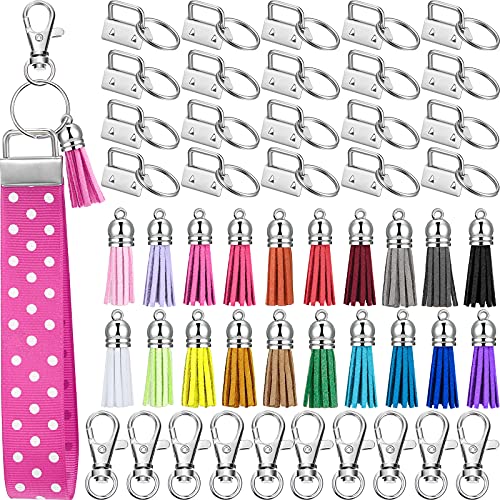 60 Pieces Key Fob Hardware Set, 20 Key Fob Hardware Wristlet with Key Ring 20 Leather Keychain Tassels 20 Swivel Snap Hooks for Keychain Making Hardware Supplies (Silver)