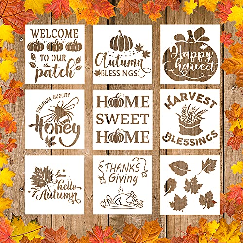 9 Pieces Autumn Stencils for Painting on Wood - Thanksgiving Day Fall Good Harvest for Home Decor - Pumpkin Maple Leaf Stencil - DIY Farmhouse Home Wall Decor, Reusable Templates Stencil 8 x 8 inch
