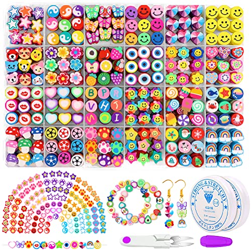 JOICEE 480PCS Fruit Flower Polymer Clay Beads, 24 Style Cute Smiley Heart Mushroom Clay Beads Charms for Jewelry Necklace Earring Making, DIY Bracelet Making Kit Accessories for Women Girls