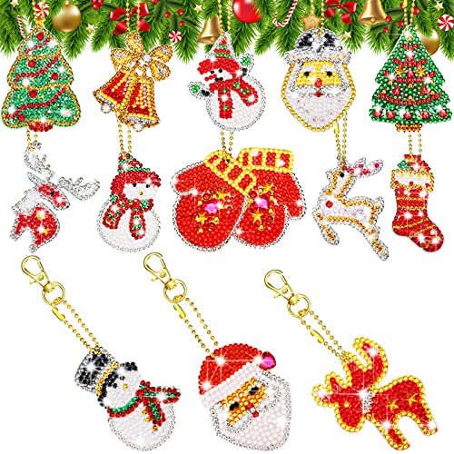 13 Pieces Double Sided Christmas Diamond Key Chain Kits Christmas Diamond Art Ornaments Christmas 5D DIY Painting Round Drill Key Chain Christmas Crystal Rhinestone Arts Craft Keychain