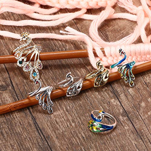 6 Pieces Knitting Loop Crochet Ring Adjustable Knitting Loop Ring Peacock Open Finger Ring Thimble Metal Yarn Guide Finger Holder for Quilting Sewing Crafts DIY Handmade Knitting Tools, 6 Styles