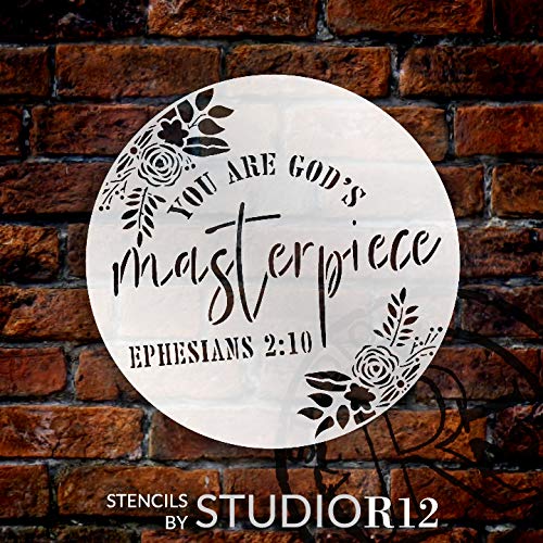 You are God's Masterpiece by StudioR12 | Ephesians 2:10 | Paint Wood Sign | Reusable Mylar Template | Christian Craft Floral Leaf | DIY Bible Verse Cursive Inspiration Faith | Select Size (9" x 9")