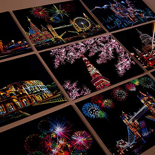 Scratch Art Paper, Rainbow Night View Scratchboard Pads for Adults and Kids, Mini Envelope Postcard Art & Crafts Set: 12 Sheets Scratch Cards & Scratch Drawing Pen, Brush 7.9"x5.5" (Fireworks Series)