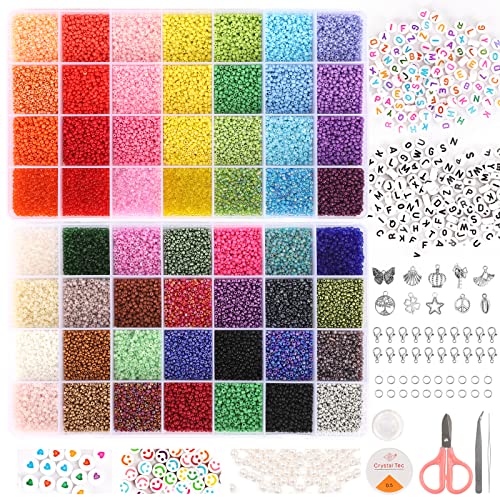 Quefe 45000pcs Glass Seed Beads for Bracelet Making Kit, 56 Colors 2mm Small Beads for Jewelry Making, 260pcs Letter Beads for Crafts Gifts