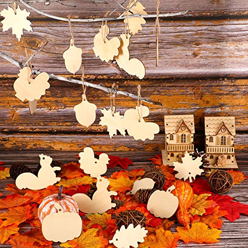 60 Pieces Thanksgiving Unfinished Wooden Ornaments Maple Leaves Pumpkin Wood Cutout Squirrel Acorn Blank Wooden Ornament for Thanksgiving Fall Party DIY Decor Supplies, 6 Styles