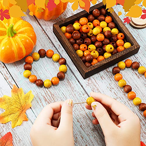 160 Pieces Thanksgiving Wood Beads Colorful Painted Fall Loose Beads Round Rustic Farmhouse Spacer Beads for Autumn DIY Beads Garland Crafts Making Home Party Decoration (Classic Colors)