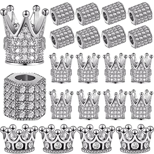 20 Pieces King Crown Charms Beads Hexagon Spacer Beads Set, Rhinestone Charm Hexagon Big Hole Bracelet Connector for DIY Jewelry Crafts Making Supply (Platinum, White Rhinestone)