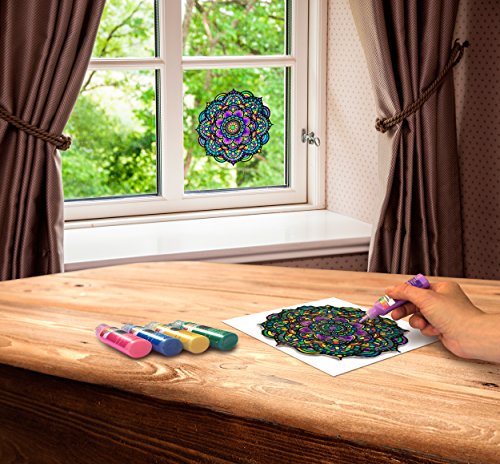ZORBITZ Joy of Coloring Stained Glass Window Art Clings DIY Kit,8 Clings& 5 Paints,4 Gorgeous,Intricate Mandala Designs,Designed Paint,Removable Clings, Sticks to Any Glass Surface,13 Piece Set,(2680)