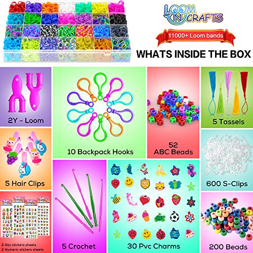 11,900+ Rubber Band Bracelet Refill Kit - 11,000 Premium Loom Bands in 28 Bright Colors, 600 S-Clips, 200 Beads, 30 Charms, 52 ABC Beads - Loom Bracelet Making Kit in a Huge Giftable Case
