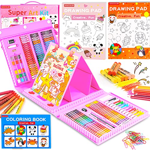 Soucolor Art Supplies, Drawing Set Art Kits with Trifold Easel, 2 Drawing Pad, 1 Coloring Book, Crayons, Pastels, Watercolors, Pencils, Arts and Crafts Gifts Case for Kids Girls Boys Teens Beginners