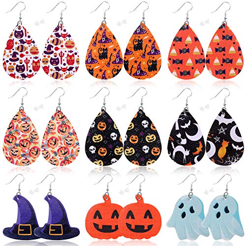 9 Pairs Halloween Faux Leather Earrings for Women Lightweight Leaf Long Dangle Earrings Teardrop Earrings