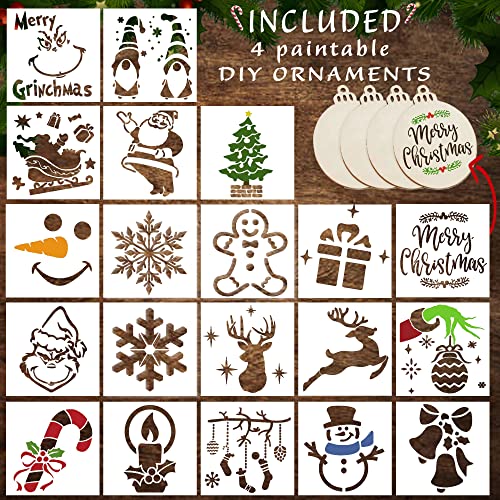 20Pcs Small Christmas Stencils for Painting on Wood 3x3 inch - Bonus 4 Wood Slices for Crafts, Arts, Paper, Windows, Holiday Stencils for Crafts, DIY Ornaments, Cards, Decorations, Christmas Crafts