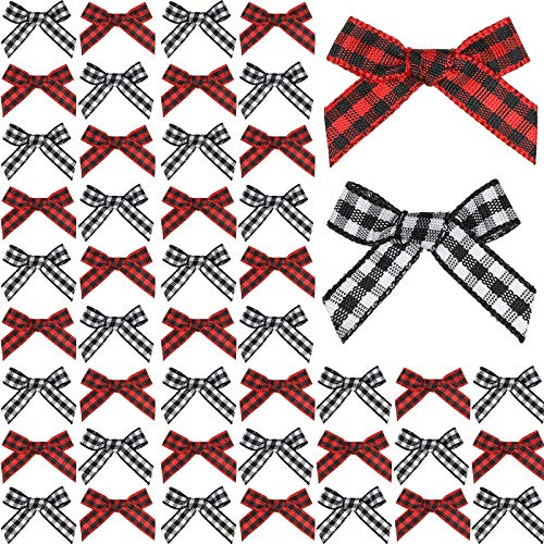 200 Pieces Christmas Mini Gingham Ribbon Bows Gingham Craft Ribbon Bows Mini Checkered Ribbon Flowers Appliques for Sewing, Scrapbooking, DIY Craft (Red Black and White Black)