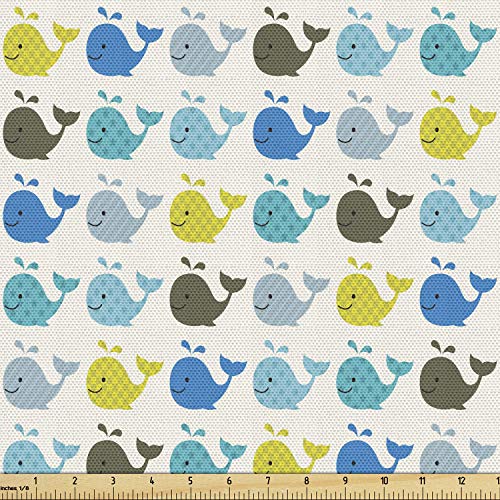 Lunarable Fish Fabric by The Yard, Whale Fish Pattern in Various Tones Sea Creature Marine Life Digital Print, Decorative Fabric for Upholstery and Home Accents, 3 Yards, Yellow Blue
