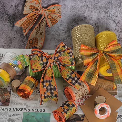 6 Rolls Autumn Fall Ribbon Thanksgiving Poly Mesh Ribbon Wired Edge Ribbon for Wreaths, 48 Yards Metallic Orange/Brown/Green Mesh Rolls for Thanksgiving Wreath Decorations and Fall DIY Crafts