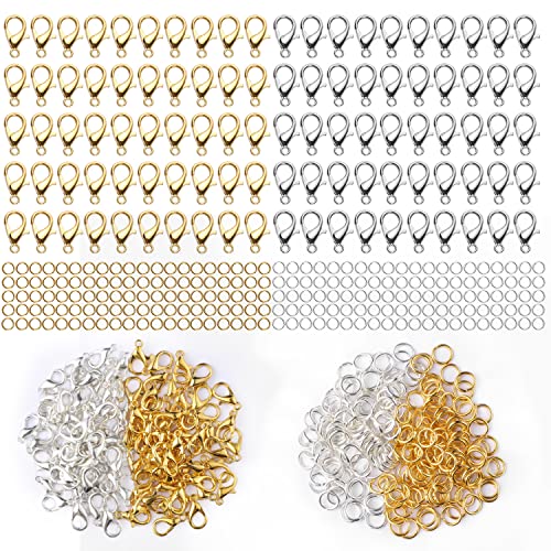 300 pcs Lobster Clasps and Open Jump Rings Set, Jewelry Clasps Lobster Claw Clasps for Jewelry Making Findings and Bracelets Jewelry Findings Kit (Gold, Silver)