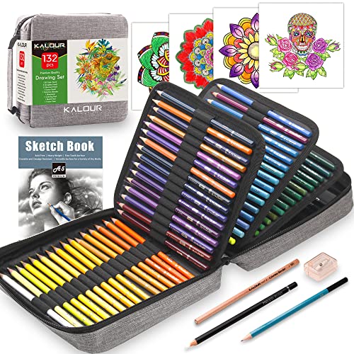 KALOUR 132 Colored Pencils Set,with Adult Coloring Book and Sketch Book,Artists Colorless Blender,Zipper Travel Case,Soft Core,Ideal for Drawing Sketching Shading,Art Supplies for Beginners Kids