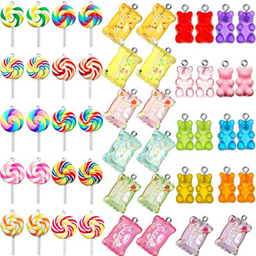 50 Pieces Sweet Candy Pendant Colorful Candy Shape Charms, Gummy Charms Bear Candy Pendants Sweet Candy Pendants Lollipop Shape Polymer Clay Charms for Earrings Necklace Bracelet DIY Jewelry Making