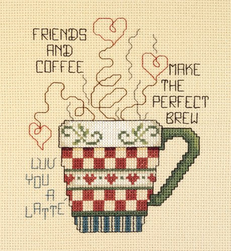 Janlynn Cross Stitch Kit, 5-Inch by 6-Inch, Friends and Coffee White