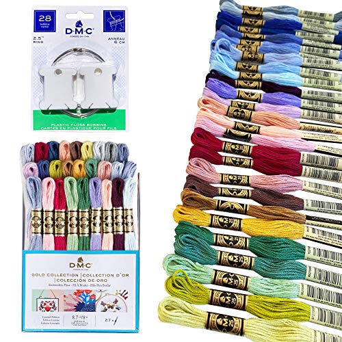 DMC Embroidery Floss Kit,Gold Collection,DMC Embroidery Thread Pack,27 Assorted Colors Bundle with 28 DMC Plastic Floss Bobbins,Cotton Cross Stitch Threads,Premium Supplies for Embroidery String/Yarn