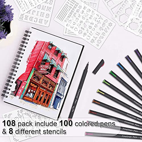 Tebik 108 Pack Journal Planner Pens Colored Pens, 100 Assorted Colors Drawing Pens with 8 Different Stencils, Perfect for Dotted Journal Planner Writing Note Calendar Coloring Office School Supplies