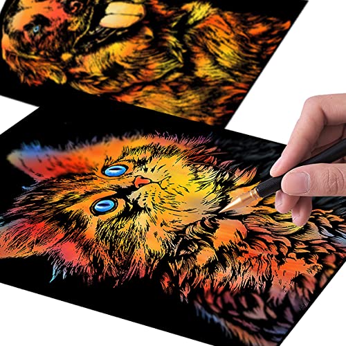 MIASTAR Scratch Art Animal Rainbow Painting Paper, Creative foil Scratch Art Toys Gift, Engraving Art & Craft Set, DIY Sketch Card Scratchboard for Kids & Adults - 16'' x 11.2'' with 3 Tools (Cat)