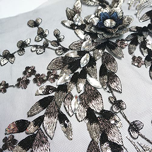 IXUEYU Fabric 3D Flowers Beads Patches Sequins Rhinestone Appliques Embroidery Lace Trims Mesh Sew On Patch for DIY Wedding Dress (Black)