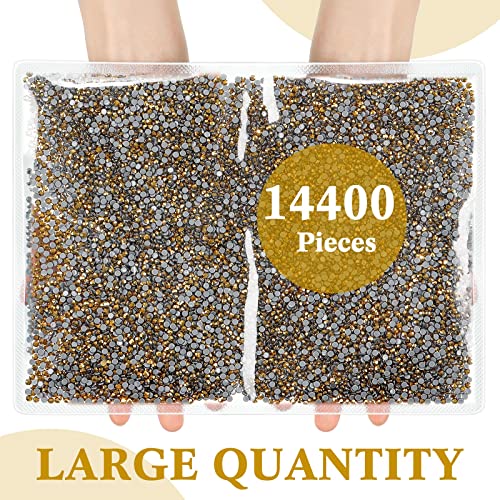 14400 Pcs Crystal Hotfix Rhinestone Large Quantity Glass Flatback Rhinestones Hot Fix Crystal Rhinestones Round Crystal Gems Glass Stones for Clothes Shoes DIY Crafts Supplies (SS10, Mine Gold)