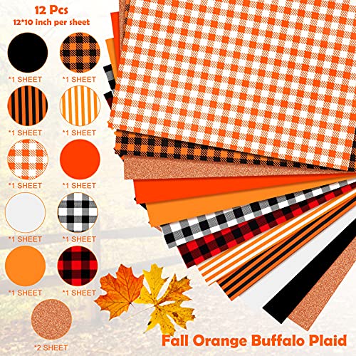 12 Sheets Fall Heat Transfer Vinyl 12 x 10 Inch Orange Buffalo Plaid Iron-on Vinyl Stripe HTV Vinyls Glitter Heat Press Vinyls for DIY Crafts Clothes Autumn Theme Decoration