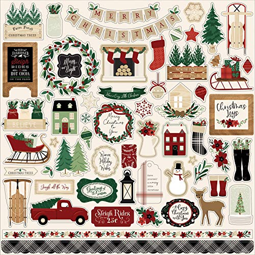 Echo Park Paper Company A Cozy Christmas Element sticker, red, green, black, tan, woodgrain 12-x-12-Inch