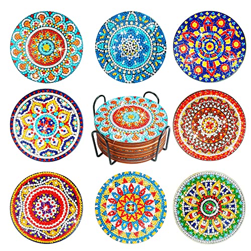 Praise V Do 8Pcs Diamond Painting Coasters Kit with Holder, DIY Mandala Coasters Diamond Painting Kits for Beginners, Adults & Kids DIY Diamond Art Craft Supplies