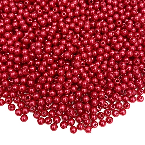 Pinhoollgo 2000pcs Red Pearl Beads 4mm Round Loose Pearl Beads with Hole for DIY Bracelet Necklace Jewelry Making Supplies Handmade Craft