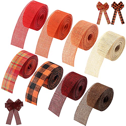 8 Packs 32 Yards Burlap Ribbon Rolls 1 Inch Colored Autumn Natural Ribbon Fall Plaid Wrapping Ribbon for Thanksgiving Christmas Floral Bows Trims Crafts Wreath Party Decorations, 8 Colors